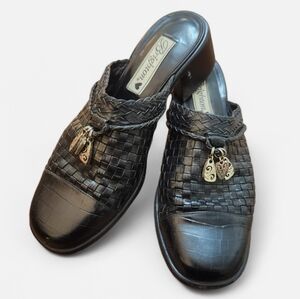 Brighton Vintage Franki Black Basket Weave Leather Heeled Clogs Mules Size 7.5